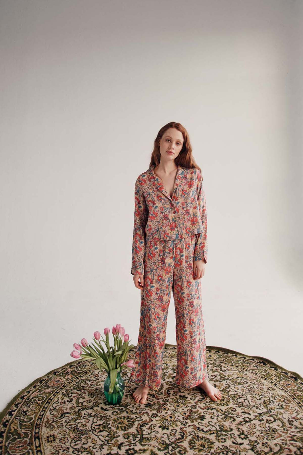Pyjama femme à fleurs - Rose en coton