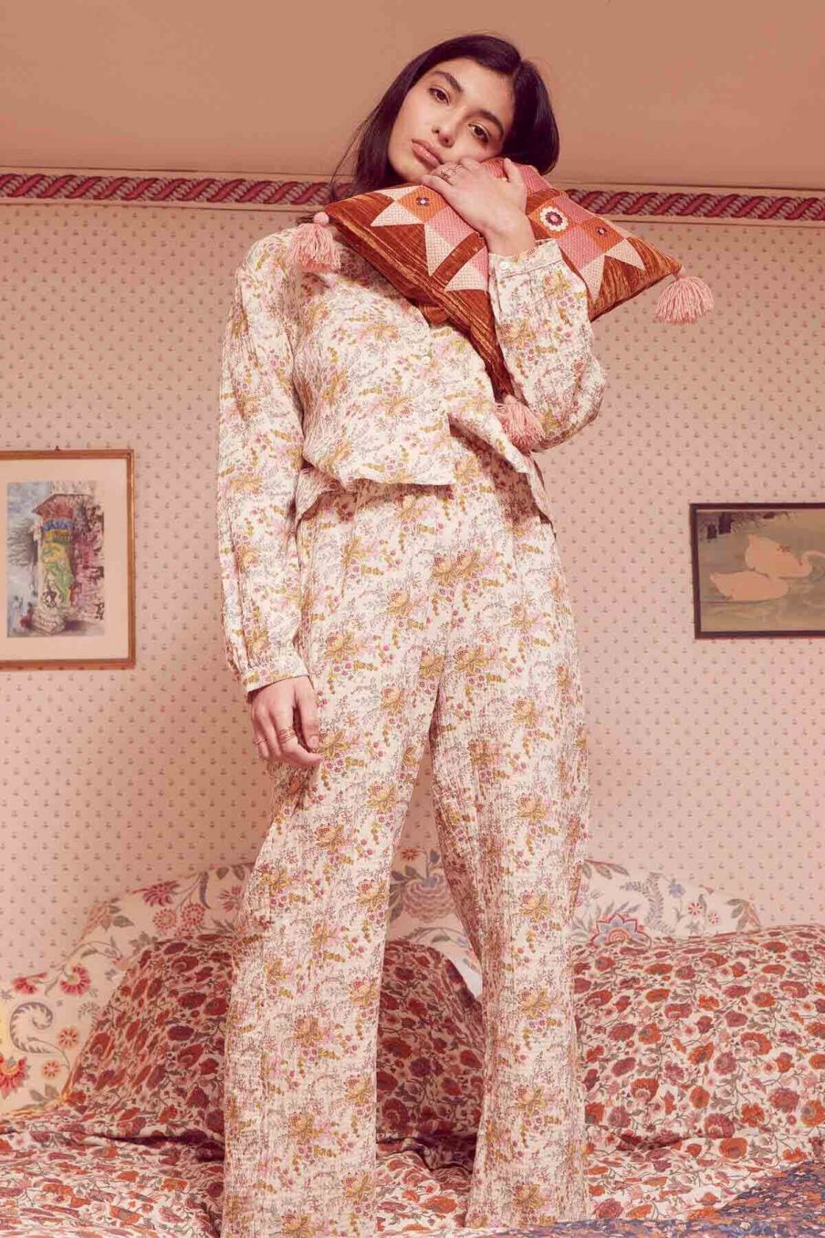 bas de pyjama femme melycia cream french flowers - louise misha